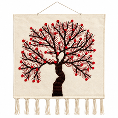 Jute Wall Hanging of Tree with Red Flowers
