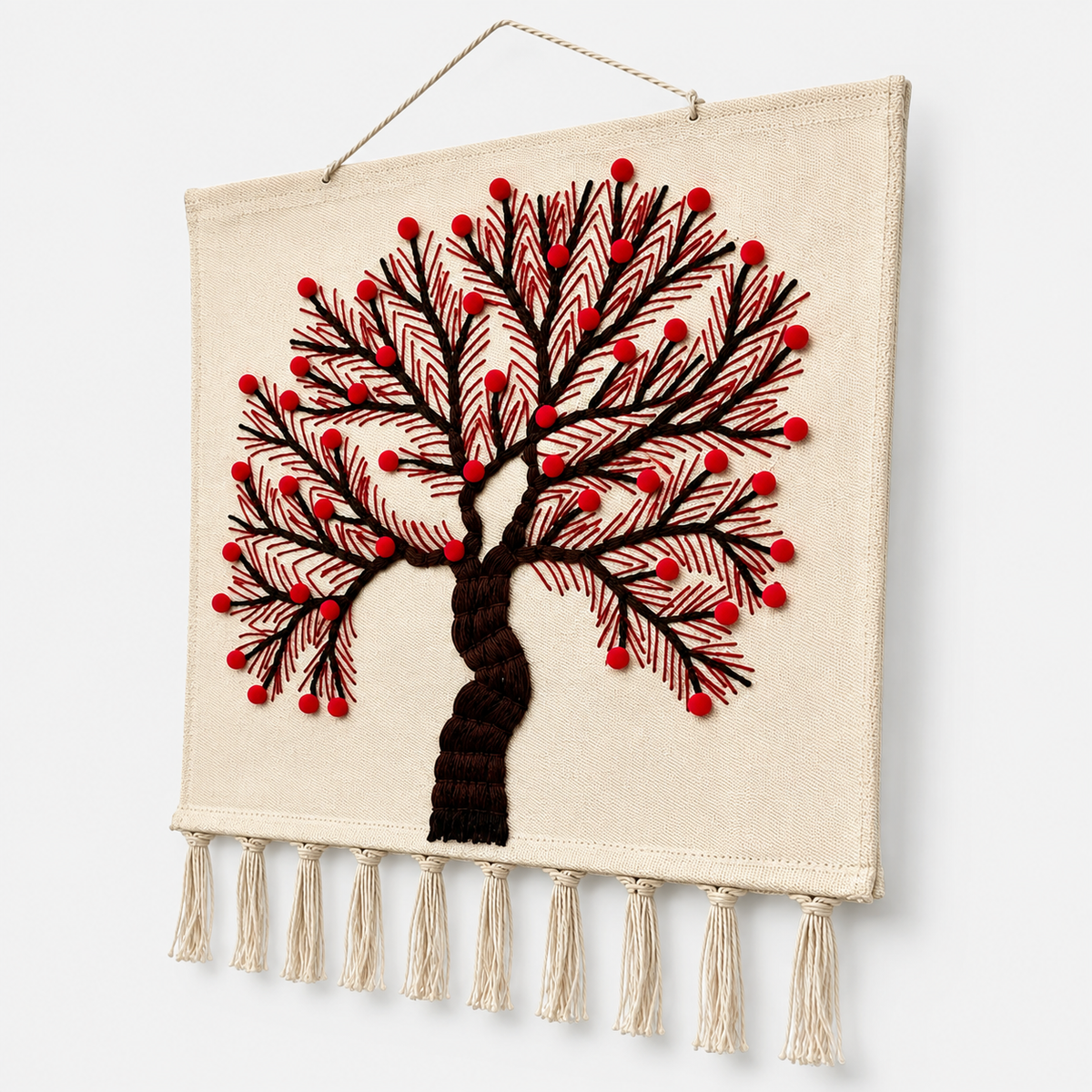 Jute Wall Hanging of Tree with Red Flowers