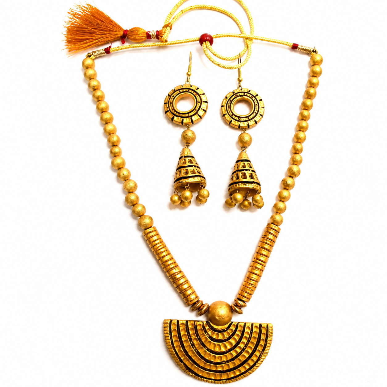 Golden Bankura Panchmura Terracotta Craft Necklace Jewellery Set
