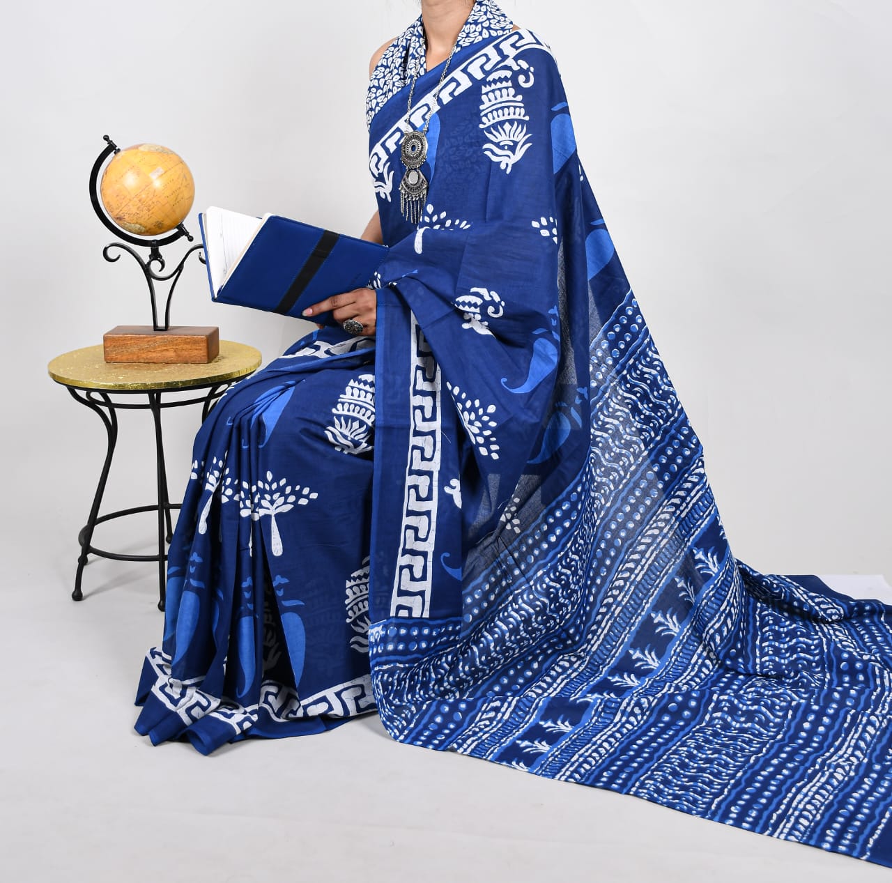 Bagru Natural Hand Block Print Cotton Mulmul Saree With Blouse Style 3