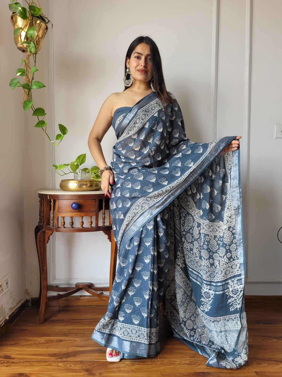 Bagru Hand Block Printed Linen Saree With Blouse