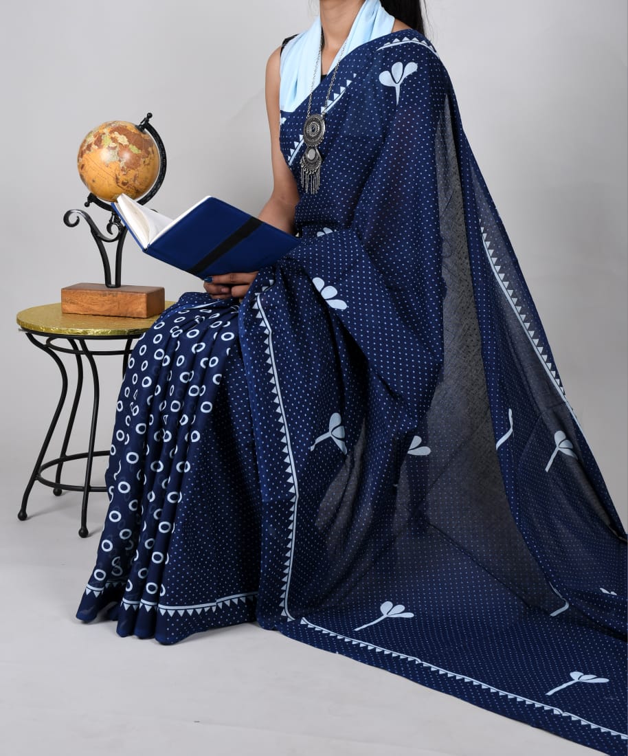Bagru Natural Hand Block Print Cotton Mulmul Saree With Blouse Style 5