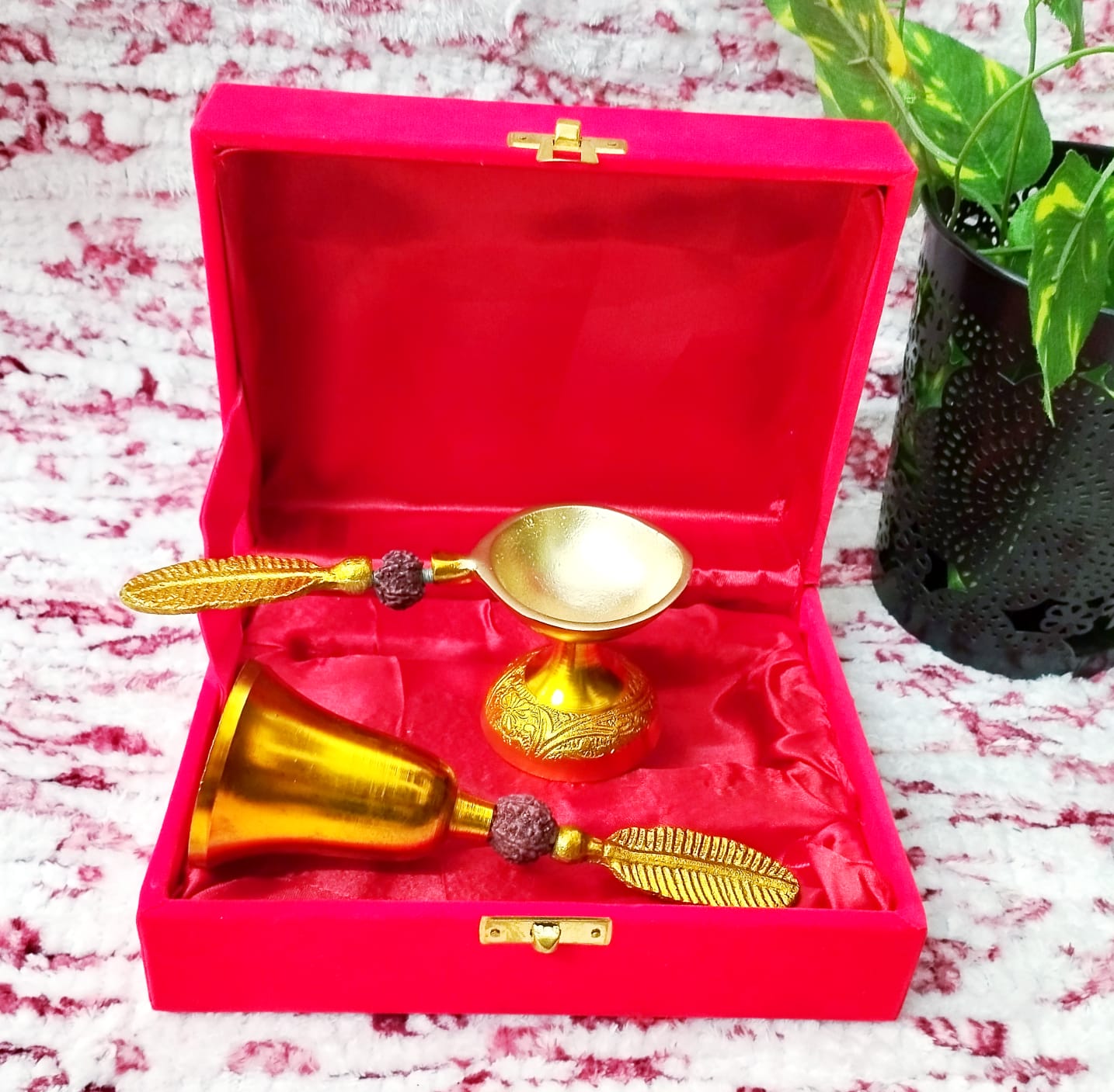 Brass Finish Red Gift Box 1 Bell 1 Diya