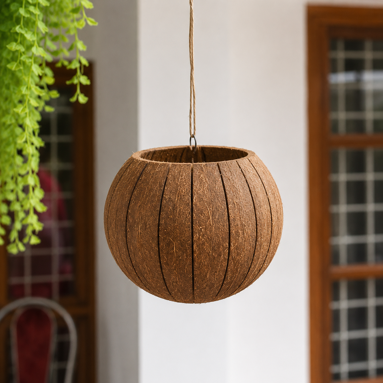 Eco-Friendly Flower Hanging Pot Brass Broidered Coconut Shell Crafts Of Kerala set of 2