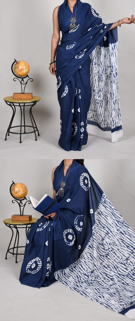 Bagru Natural Hand Block Print Cotton Mulmul Saree With Blouse Style 4