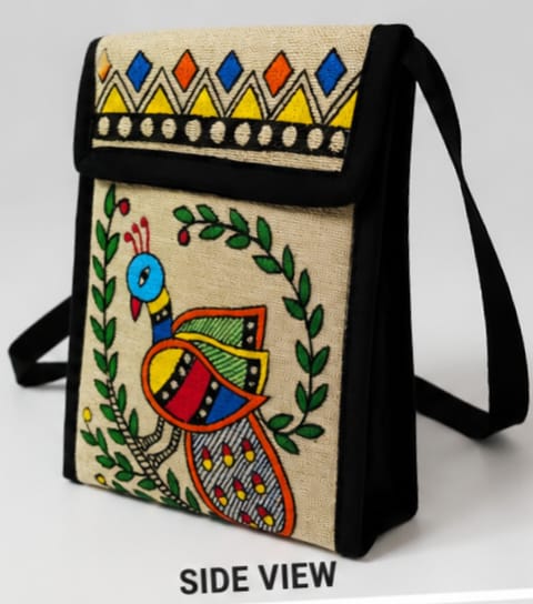Madhubani White peacock design sling bag