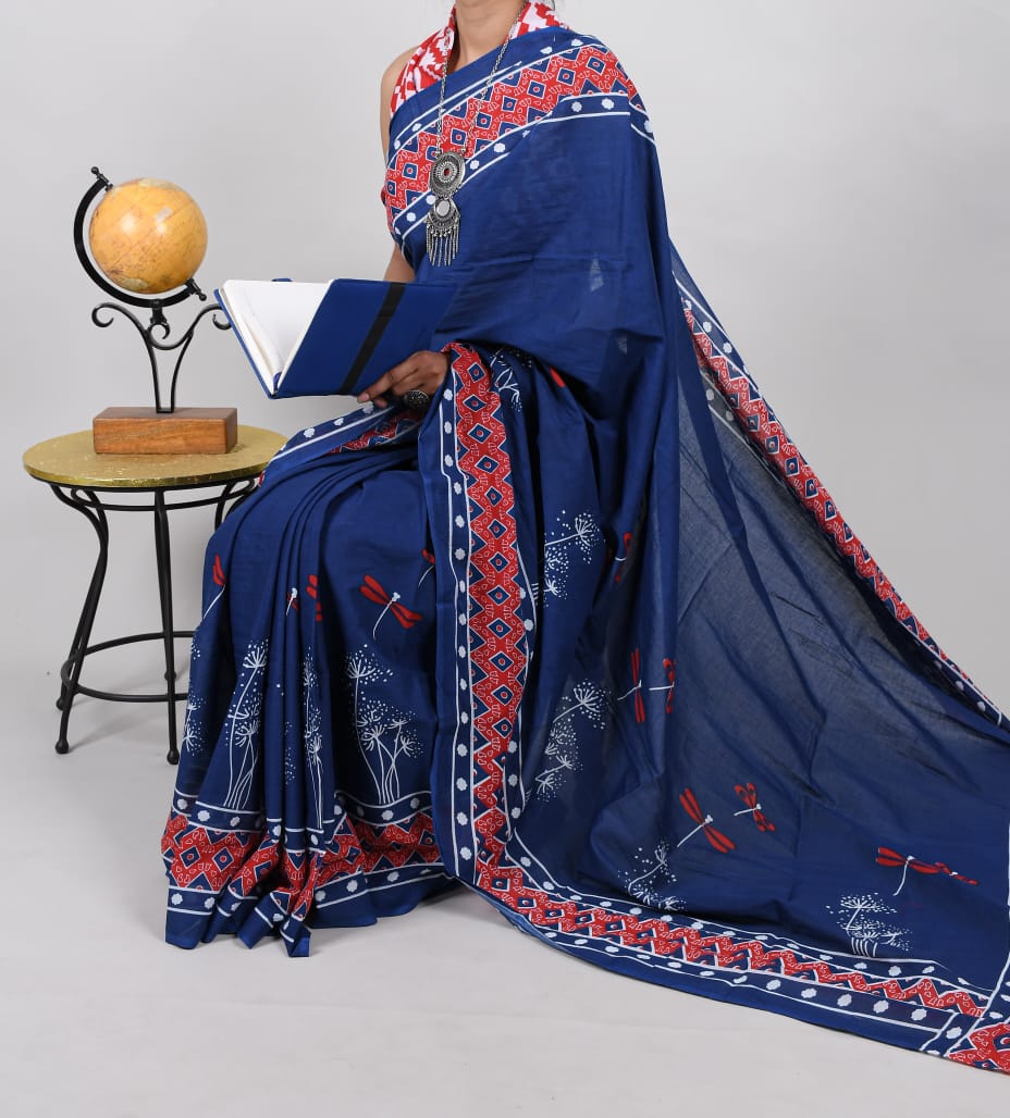 Bagru Natural Hand Block Print Cotton Mulmul Saree With Blouse Style 3