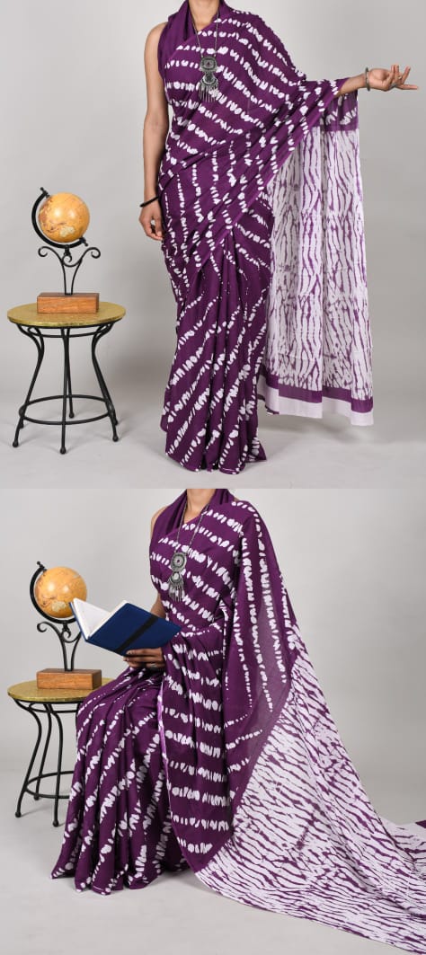 Bagru Natural Hand Block Print Cotton Mulmul Saree With Blouse Style 5