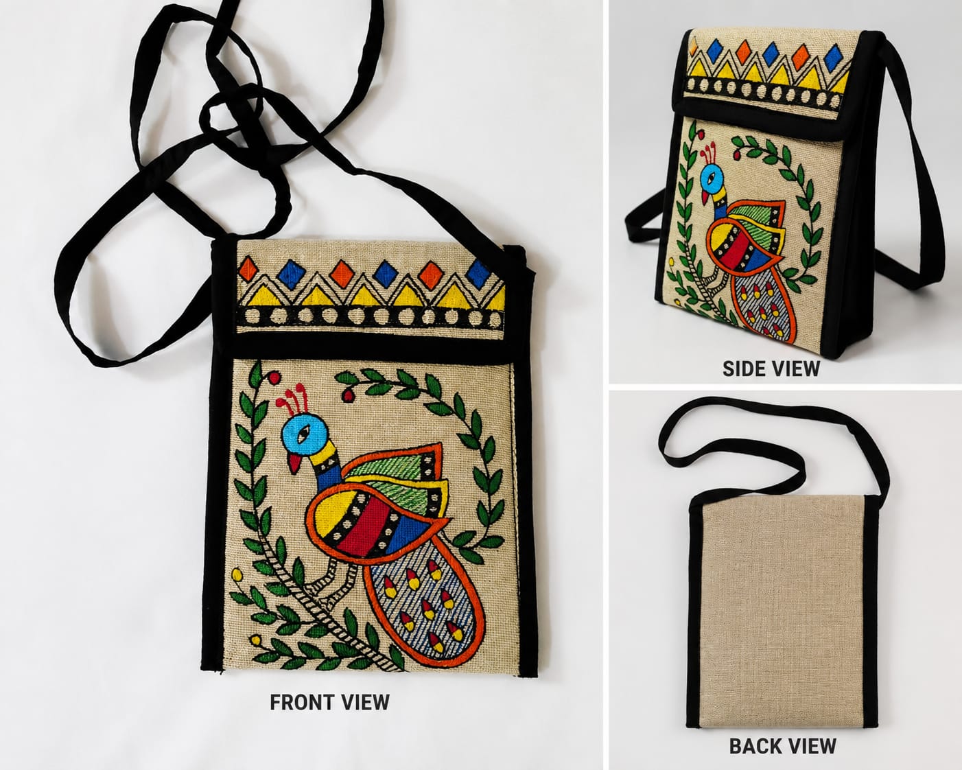 Madhubani White peacock design sling bag