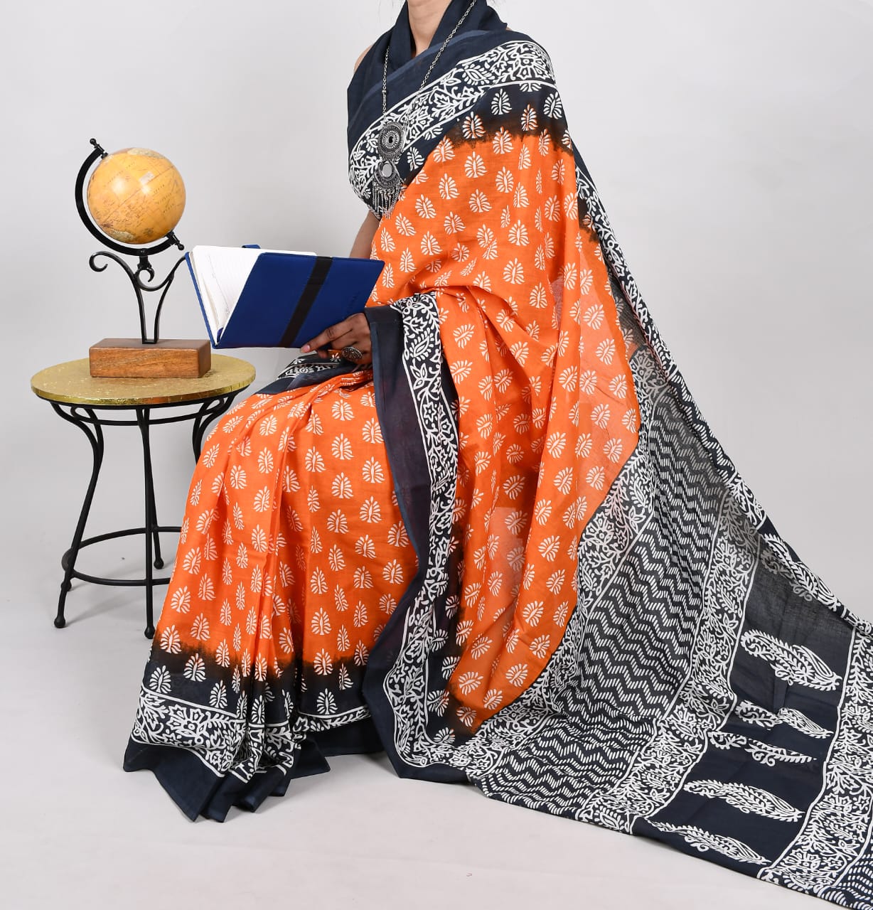 Bagru Natural Hand Block Print Cotton Mulmul Saree With Blouse Style 3