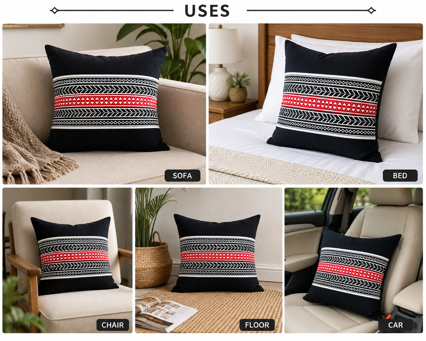 Toda Embroidered Cushion Cover - Black