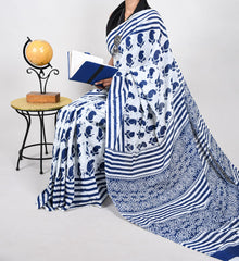Bagru Natural Hand Block Print Cotton Mulmul Saree With Blouse Style 4
