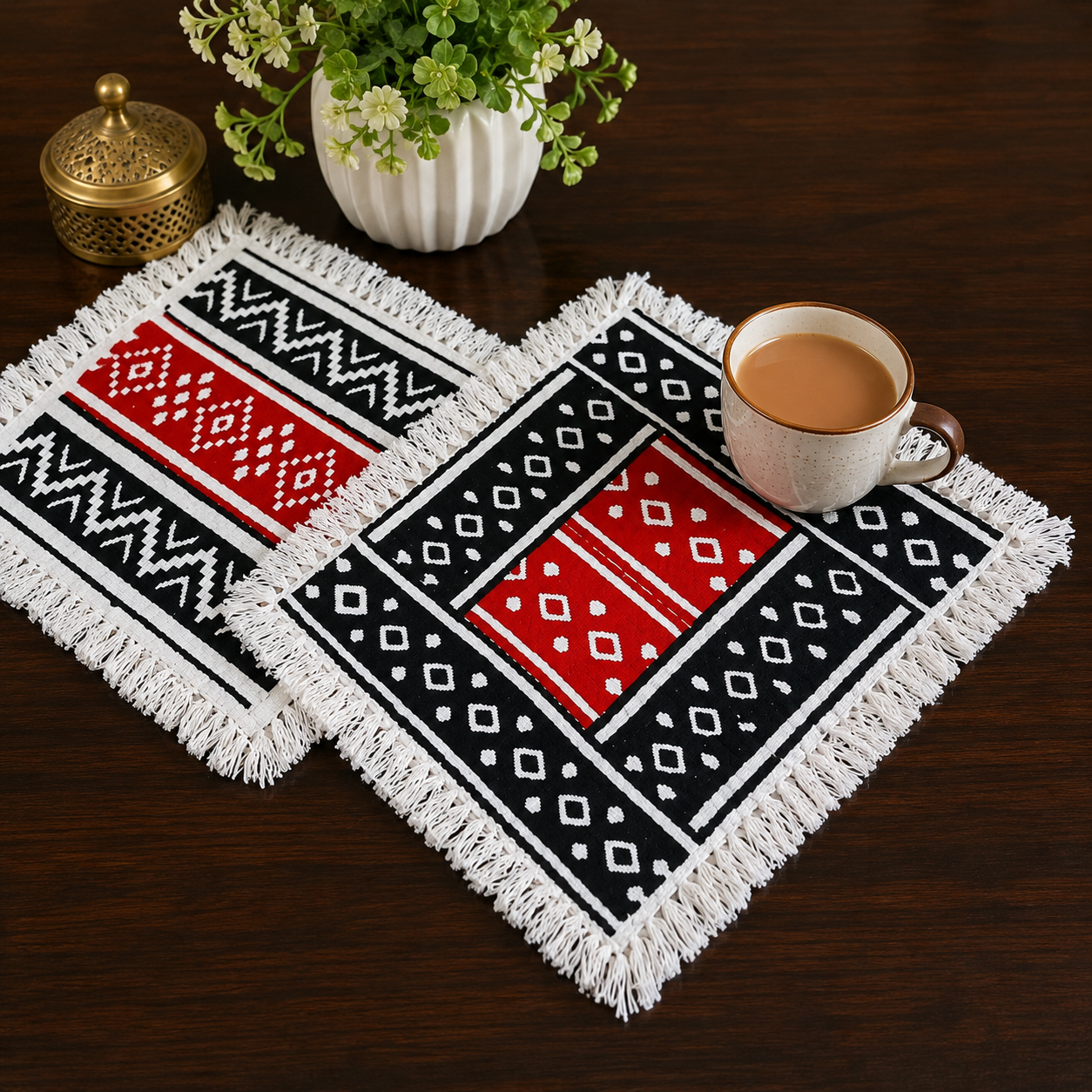 Toda Embroidered Compact Fringe Coaster - Pair of 2