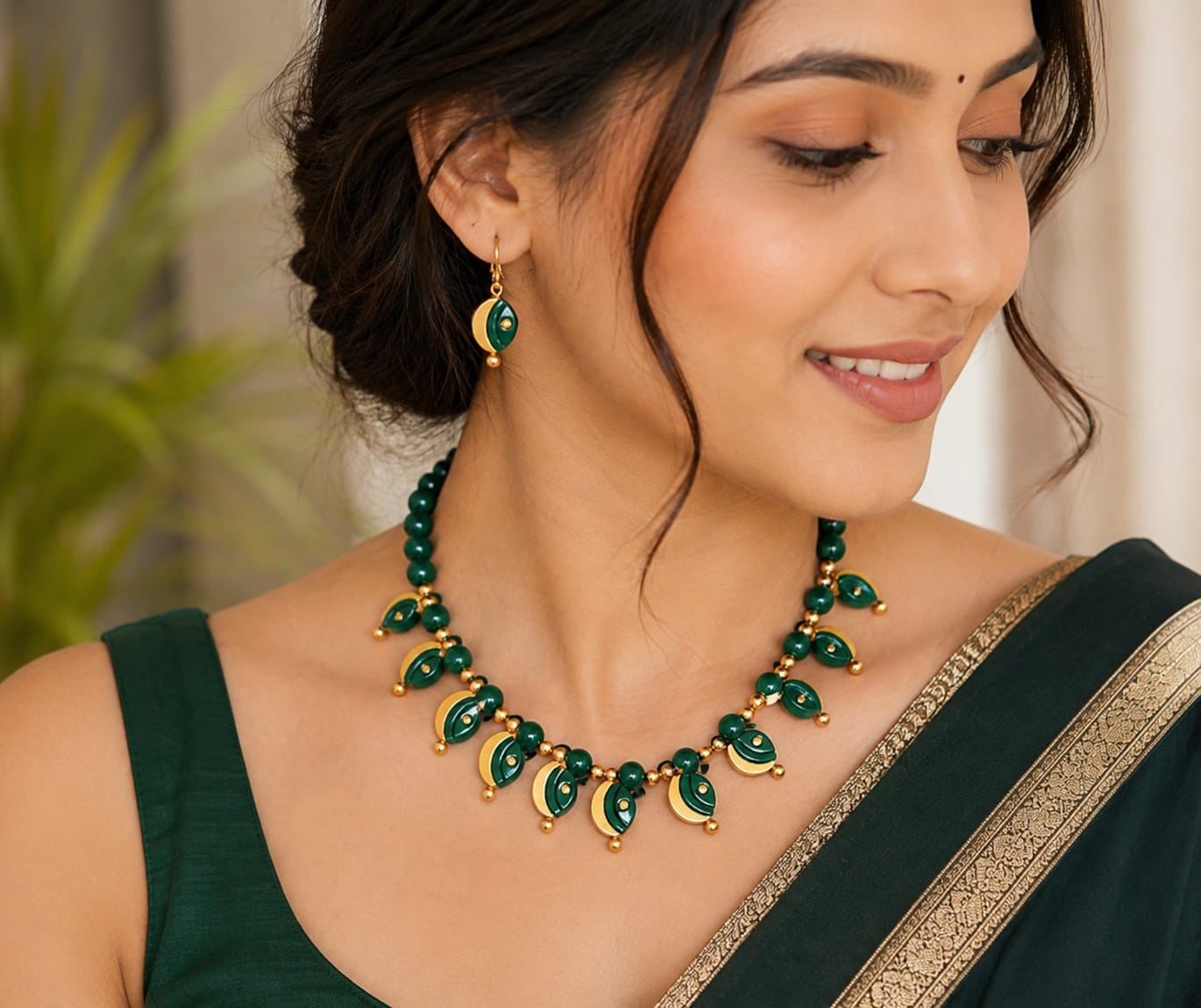 Handmade Molela Terracotta Clay Jewellery Set in Beautiful Dark Green Colour