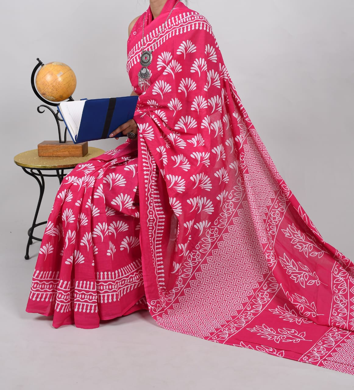 Bagru Natural Hand Block Print Cotton Mulmul Saree With Blouse Style 4