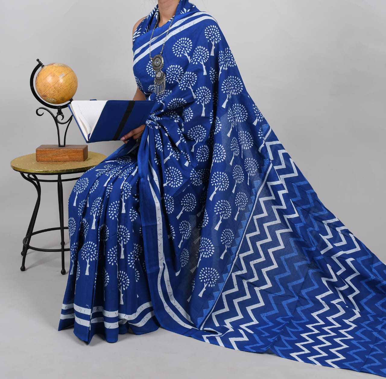 Bagru Natural Hand Block Print Cotton Mulmul Saree With Blouse Style 4