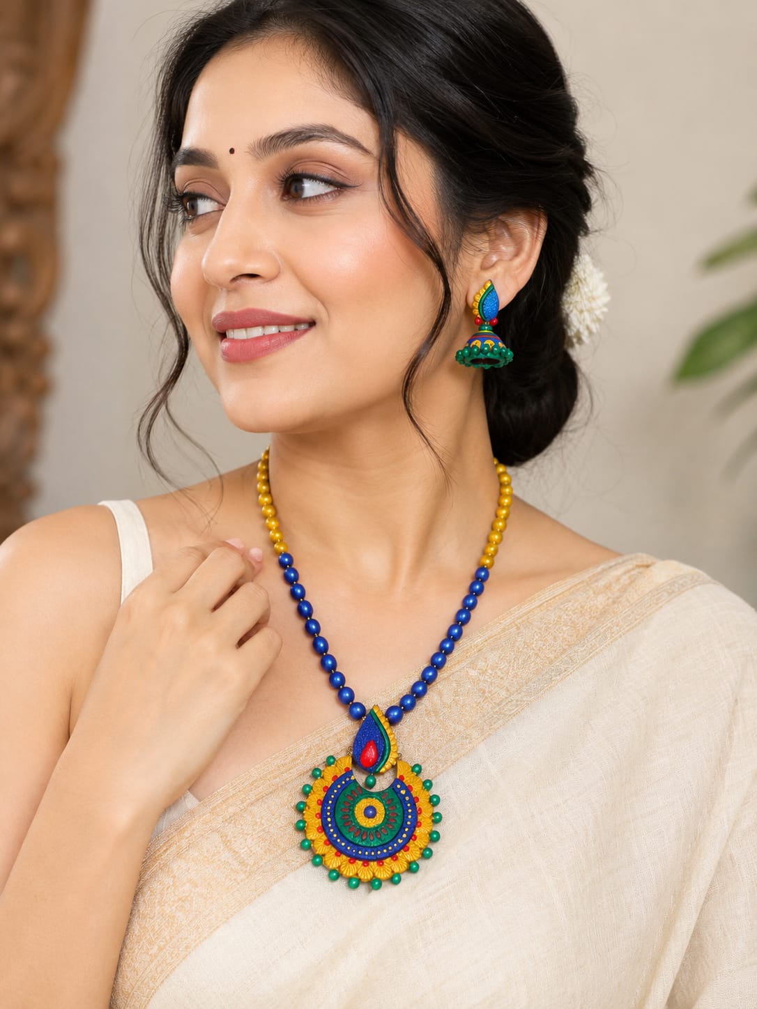Multi-color Bankura Panchmura Terracotta Craft Necklace Jewellery Set