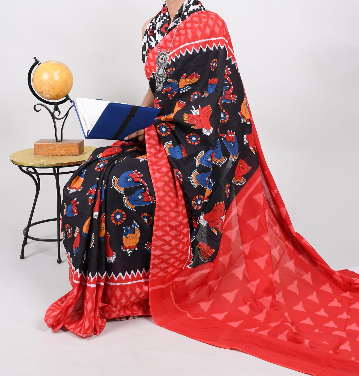 Bagru Natural Hand Block Print Cotton Mulmul Saree With Blouse Style 4