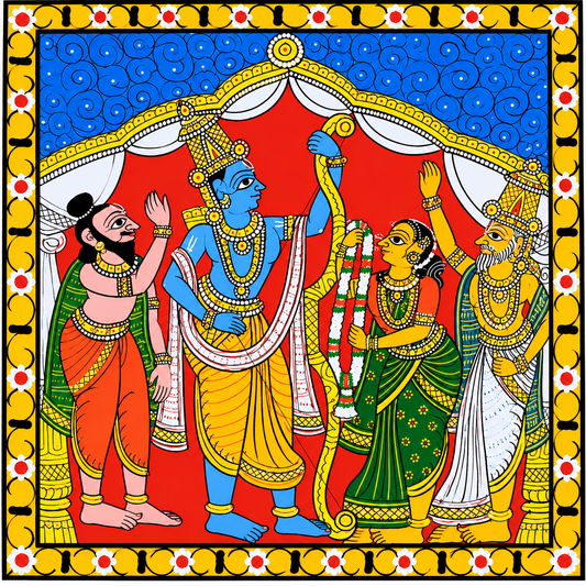 Traditional Handmade Beautiful Nakashi Art of Lord Ram Sita Swayamwar Cheriyal Painting 15x15 inches