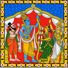 Traditional Handmade Beautiful Nakashi Art of Lord Ram Sita Swayamwar Cheriyal Painting 15x15 inches