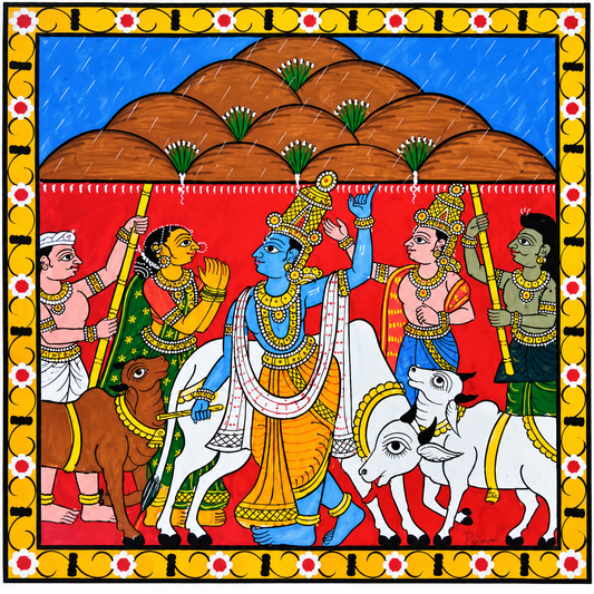 Handmade Beautiful Lord Krishna Govardhan Parvat Cheriyal Painting