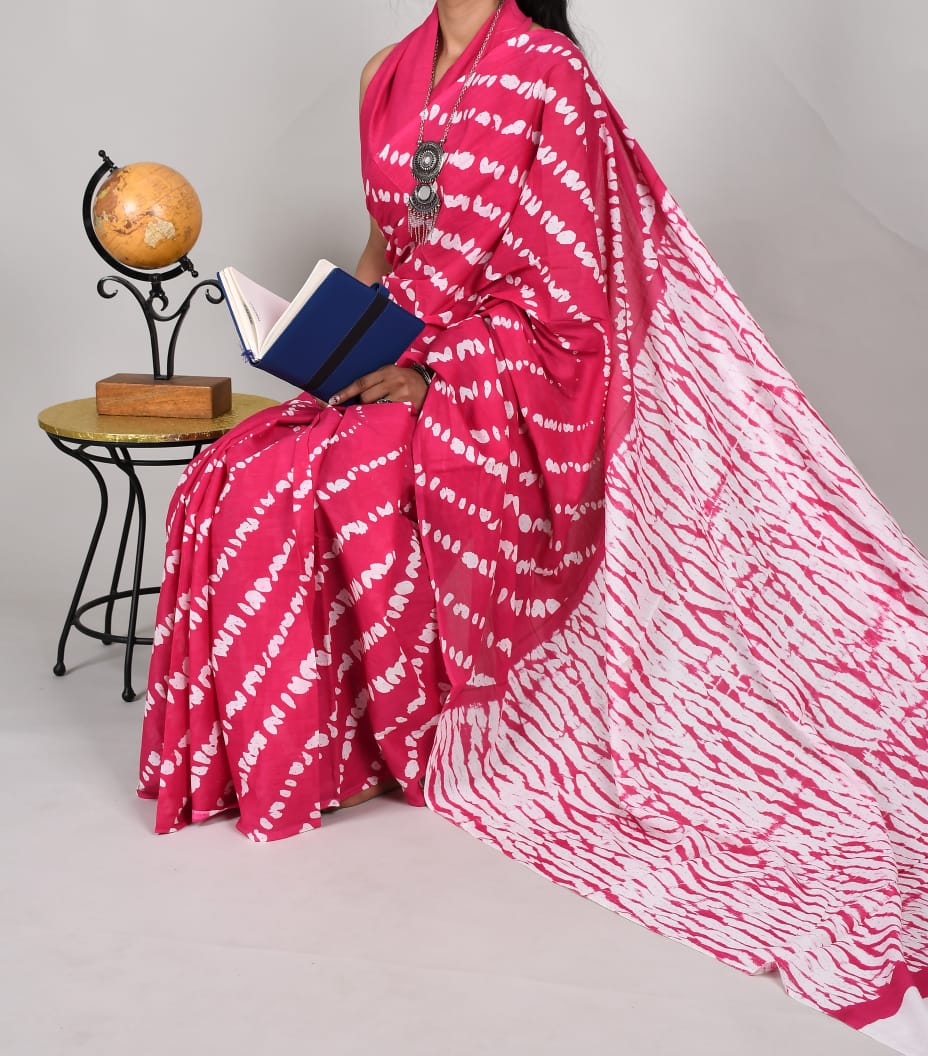 Bagru Natural Hand Block Print Cotton Mulmul Saree With Blouse Style 4