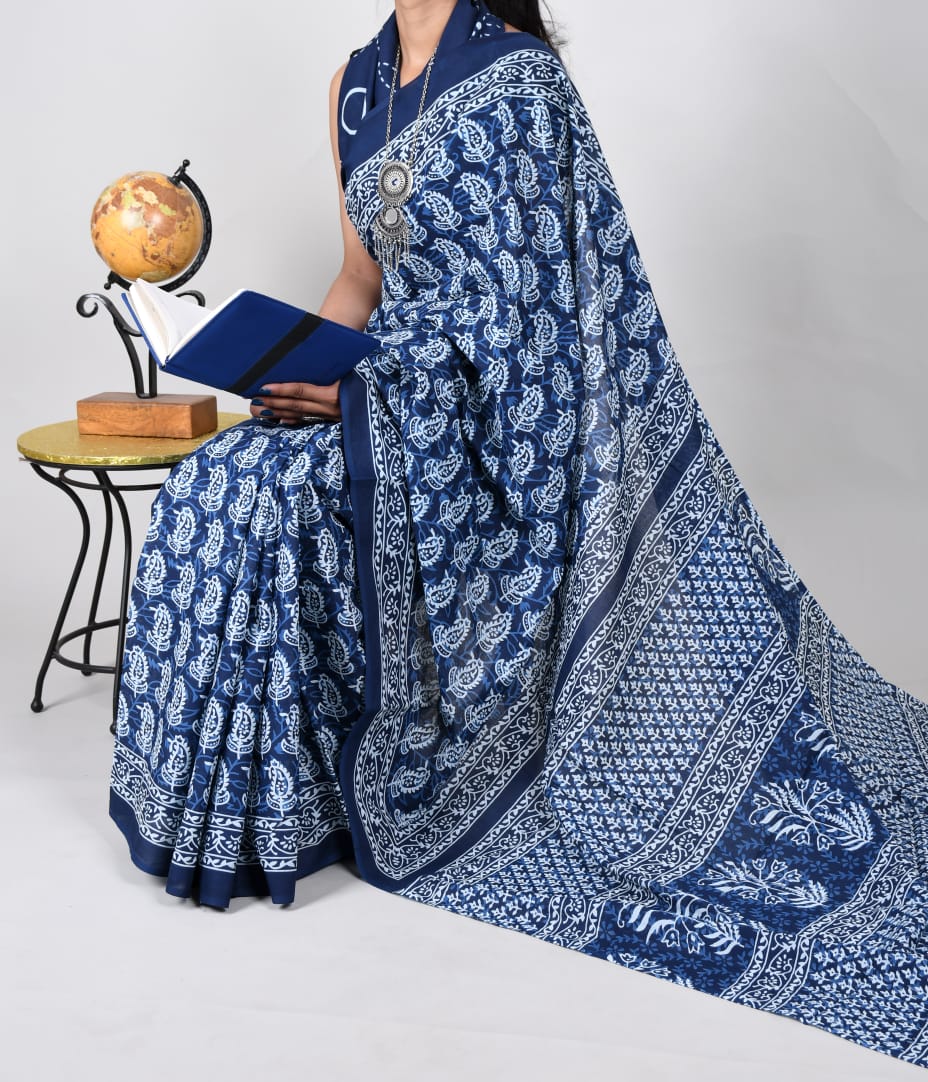 Bagru Natural Hand Block Print Cotton Mulmul Saree With Blouse Style 5