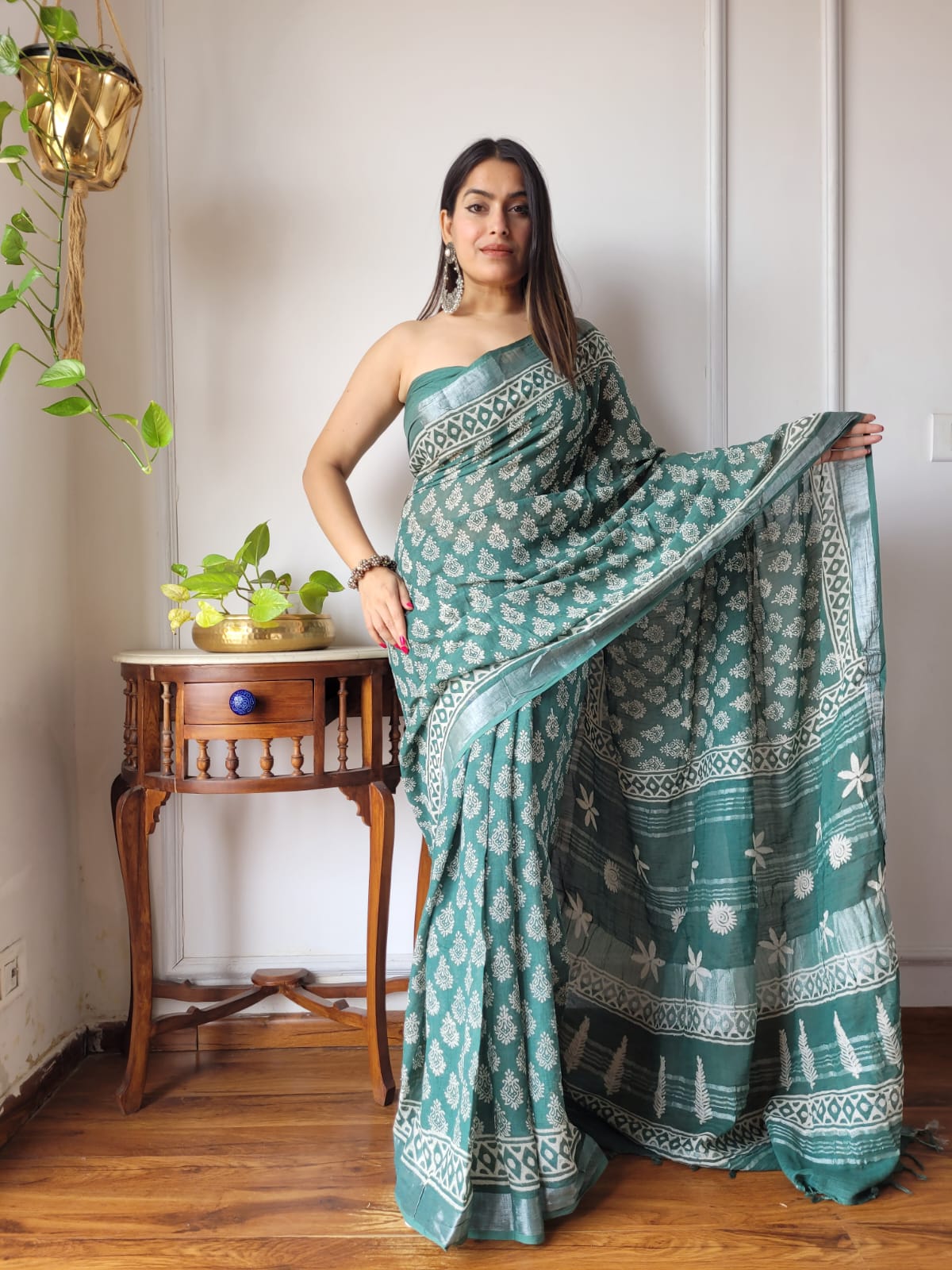 Bagru Hand Block Printed Linen Saree With Blouse