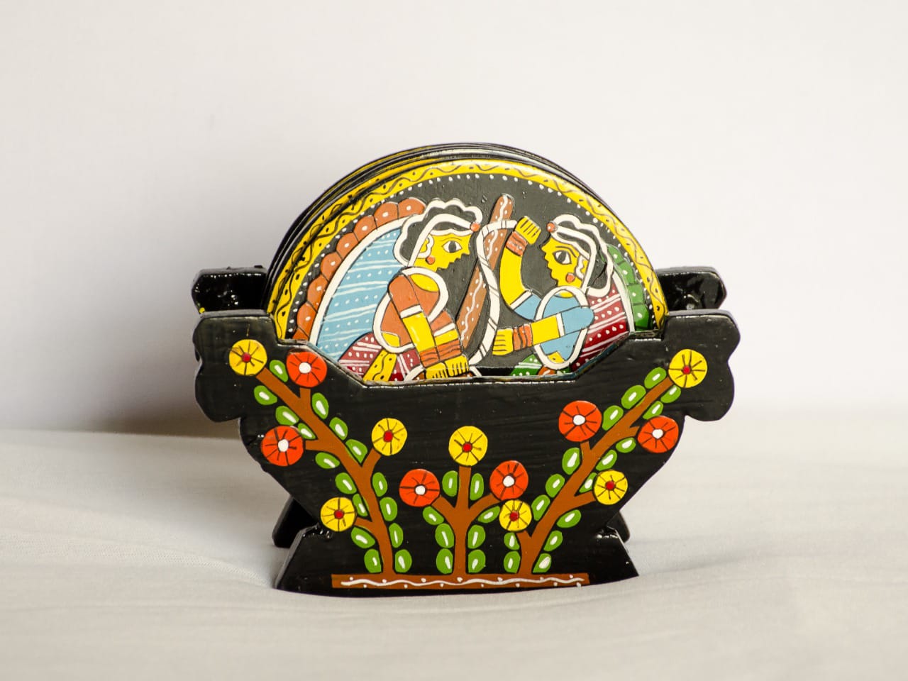 Beautiful Tikuli Art Four Round Coaster Set With Holder