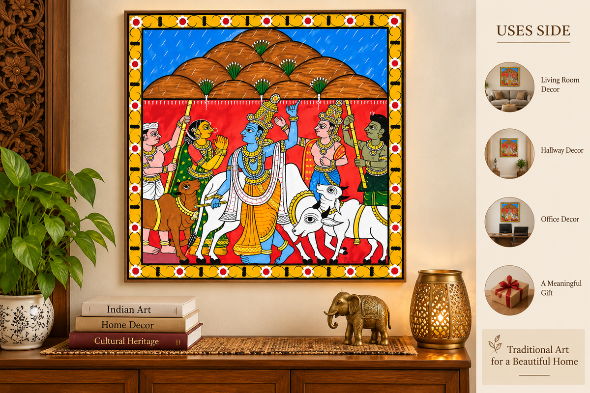 Handmade Beautiful Lord Krishna Govardhan Parvat Cheriyal Painting