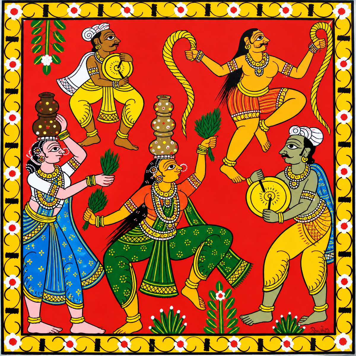 Traditional Handmade Beautiful Nakashi Art of Village Dancing Women Cheriyal Painting 15x15 inches