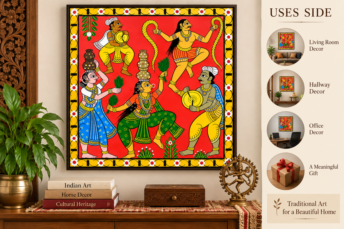 Traditional Handmade Beautiful Nakashi Art of Village Dancing Women Cheriyal Painting 15x15 inches