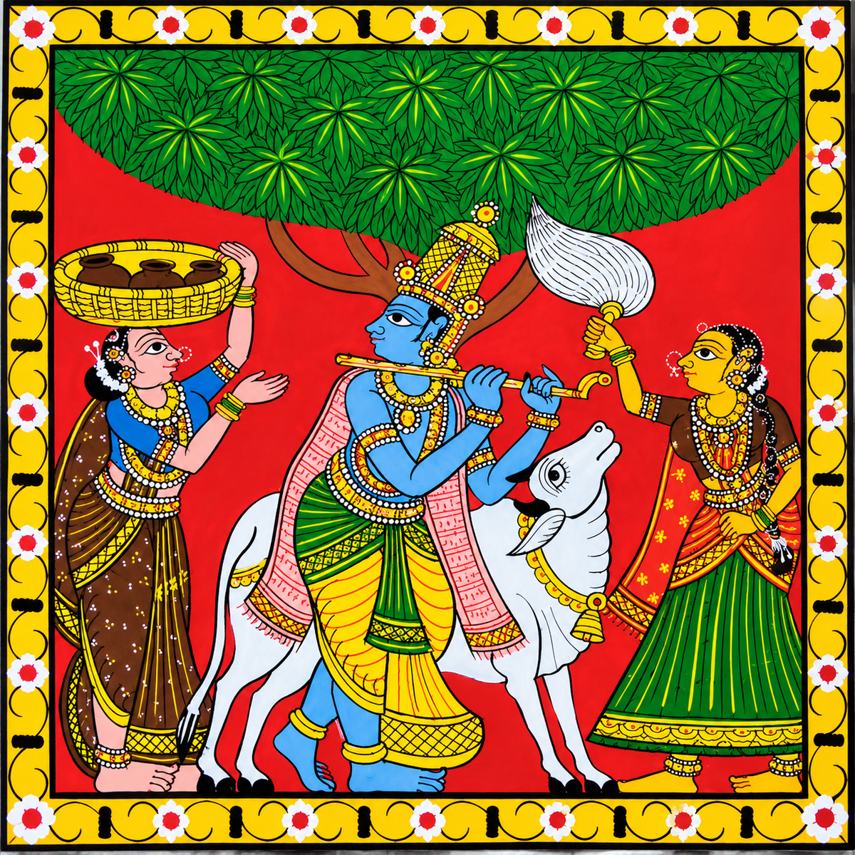 Handmade Beautiful Lord Krishna Playing Flute Cheriyal Painting