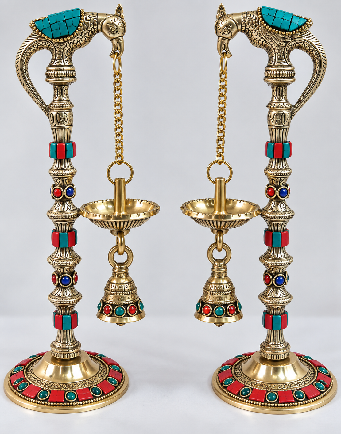 Beautiful Hanging Diya And Bell Stand Set Made Of Brass