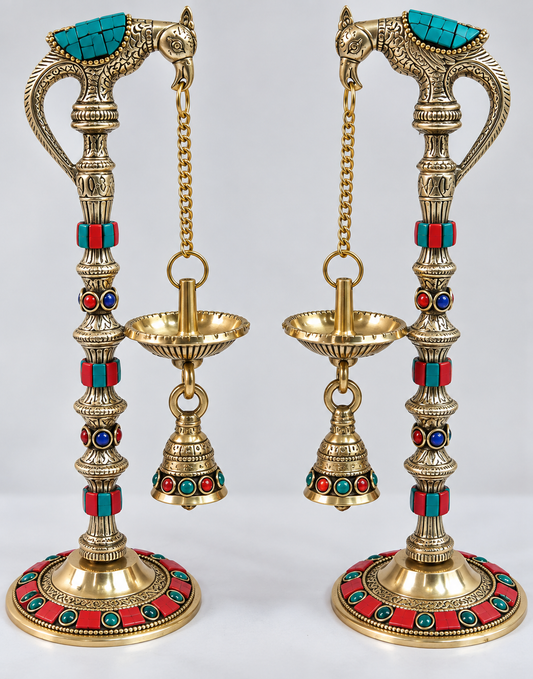 Beautiful Hanging Diya And Bell Stand Set Made Of Brass
