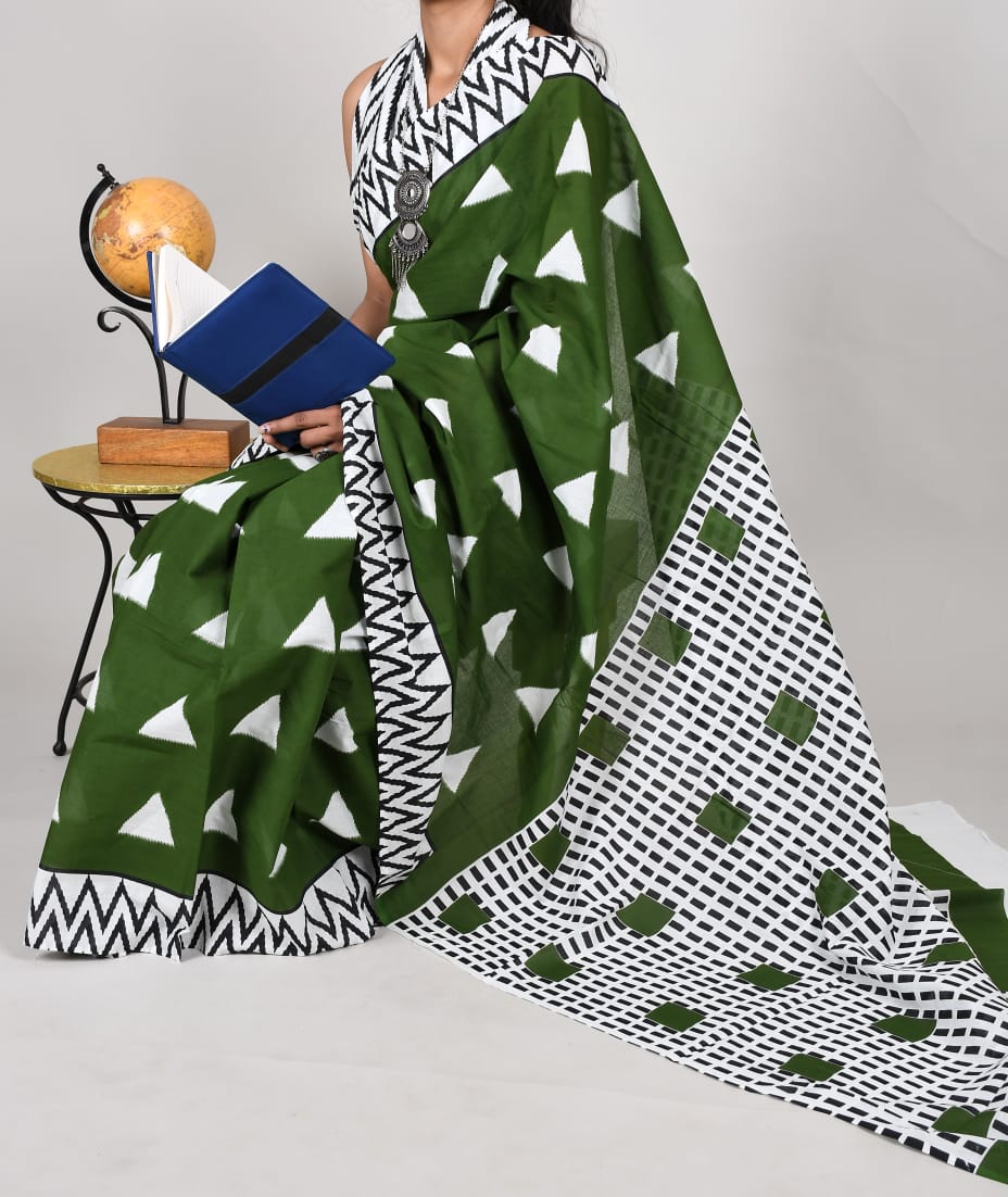 Bagru Natural Hand Block Print Cotton Mulmul Saree With Blouse Style 4