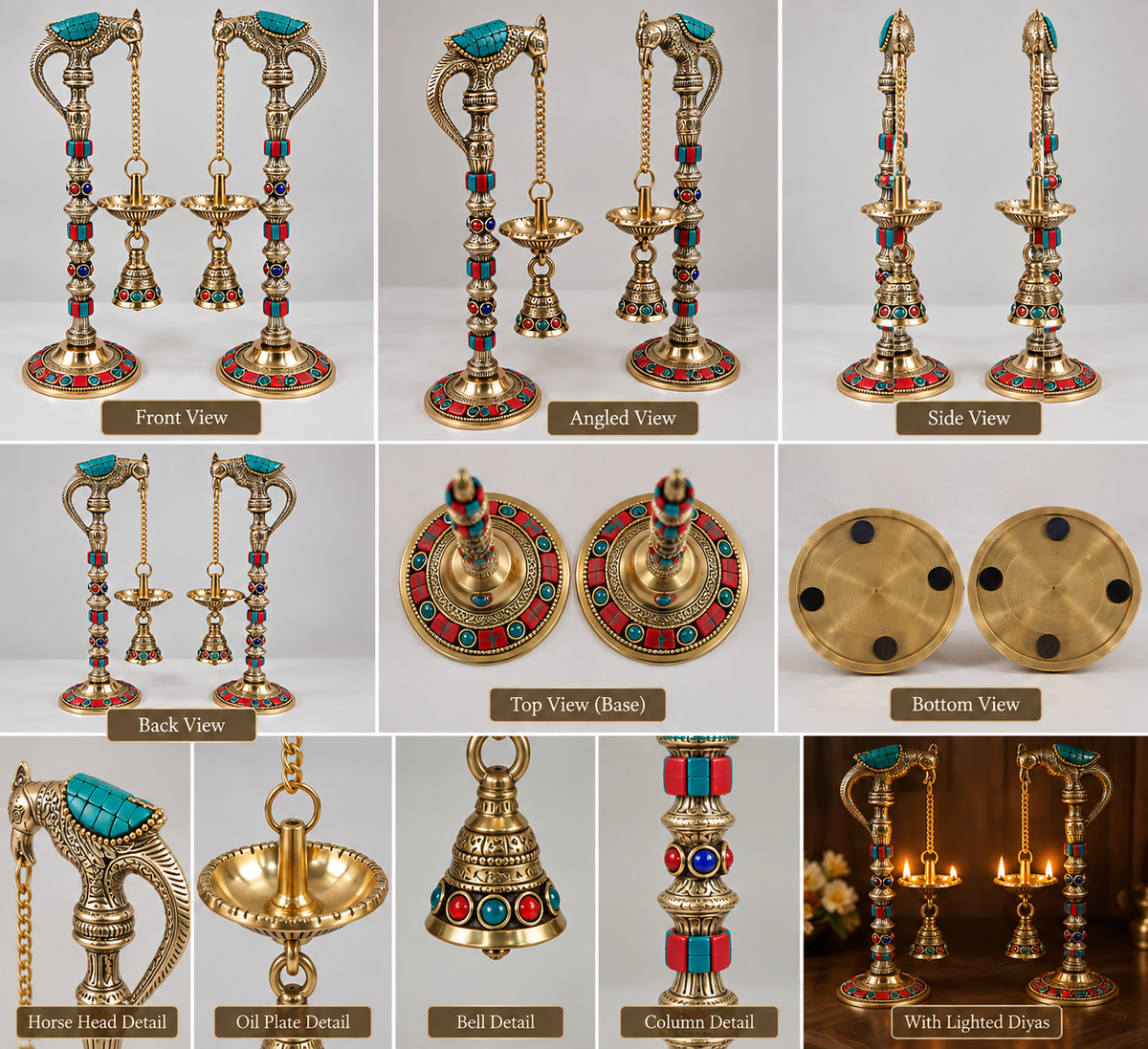 Beautiful Hanging Diya And Bell Stand Set Made Of Brass