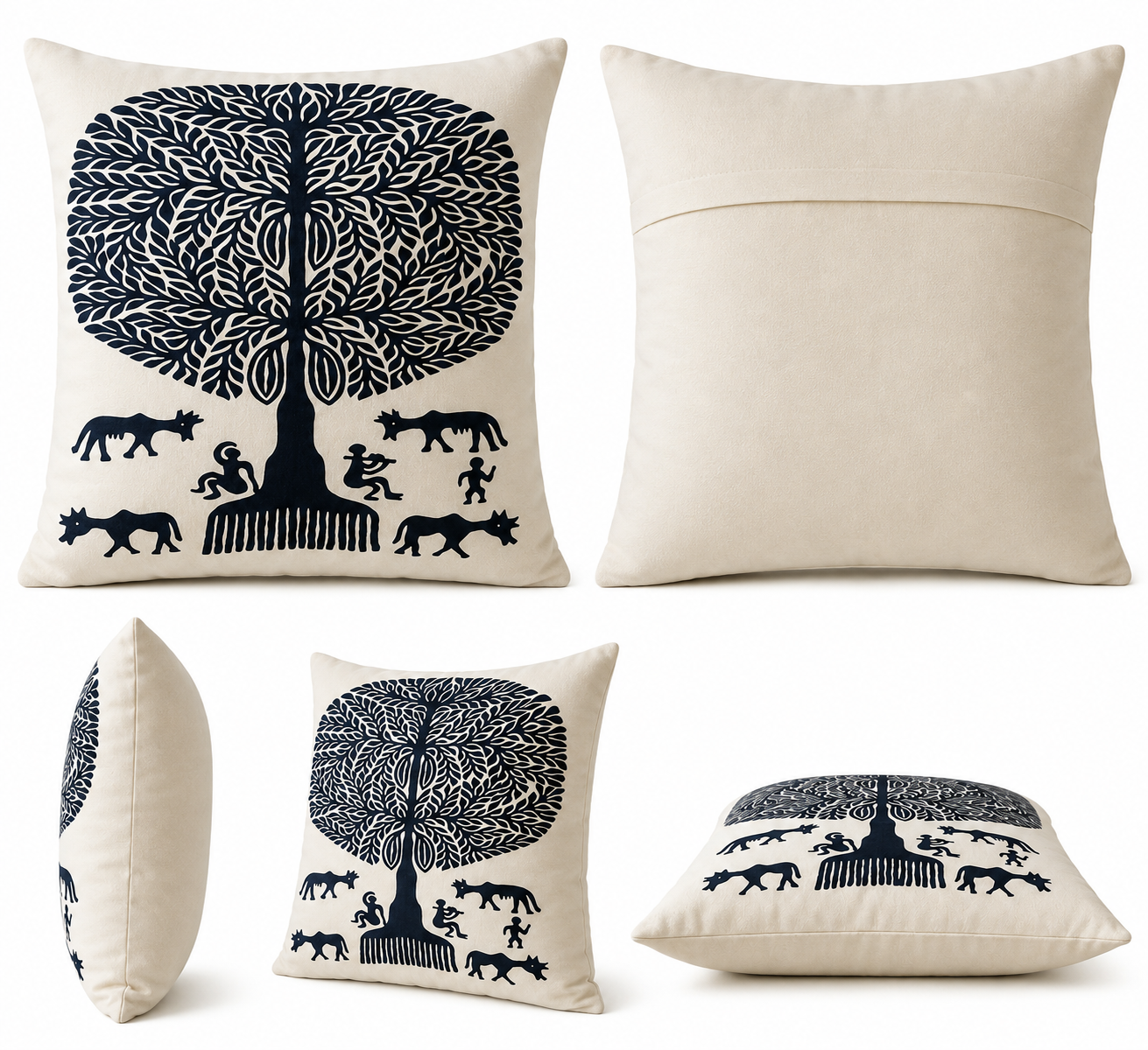 Black & White Tree With Villagers Pipli Applique Work