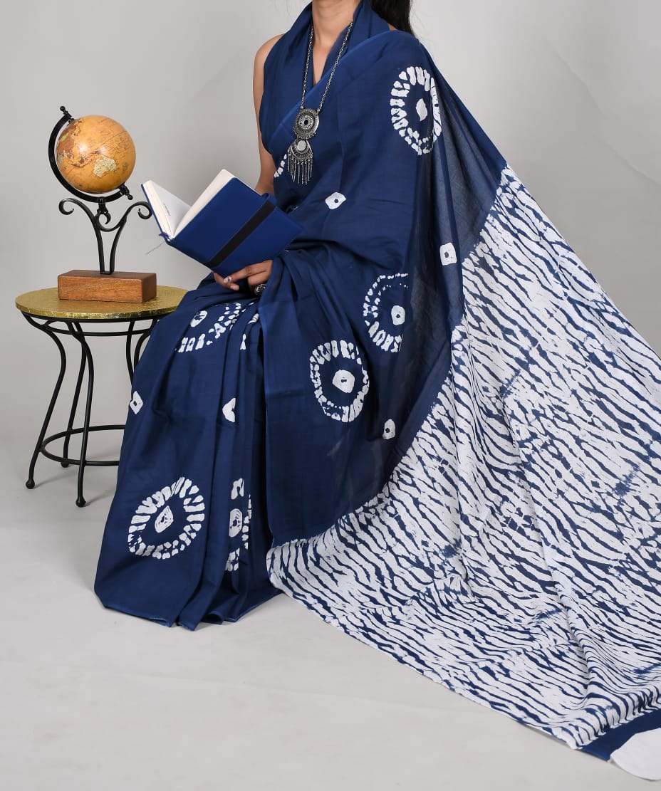 Bagru Natural Hand Block Print Cotton Mulmul Saree With Blouse Style 2