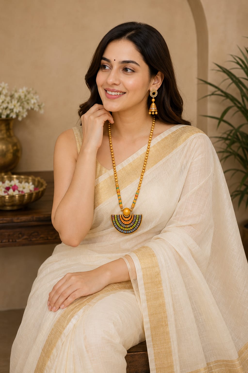 Golden Bankura Panchmura Terracotta Craft Necklace Jewellery Set