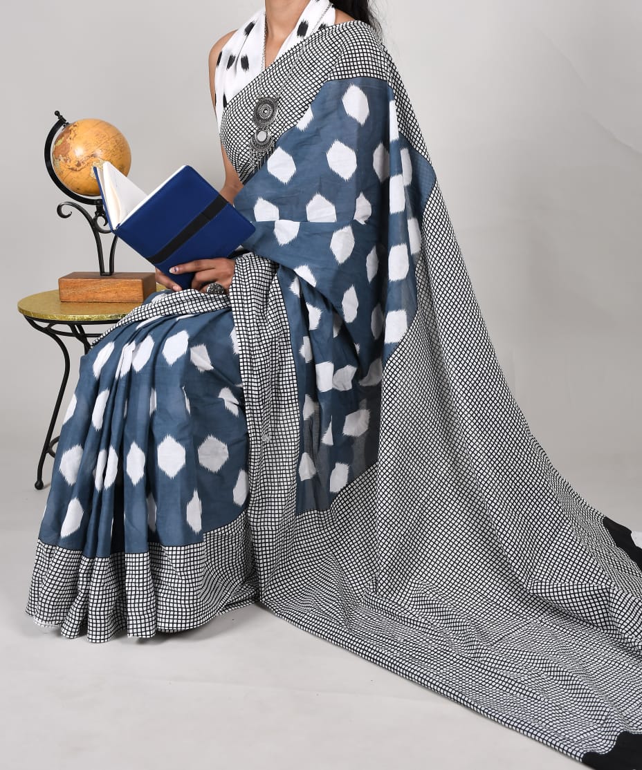 Bagru Natural Hand Block Print Cotton Mulmul Saree With Blouse Style 2