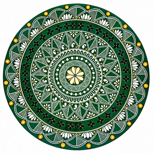 10" Round Floral Aipan Wall Art (Green)