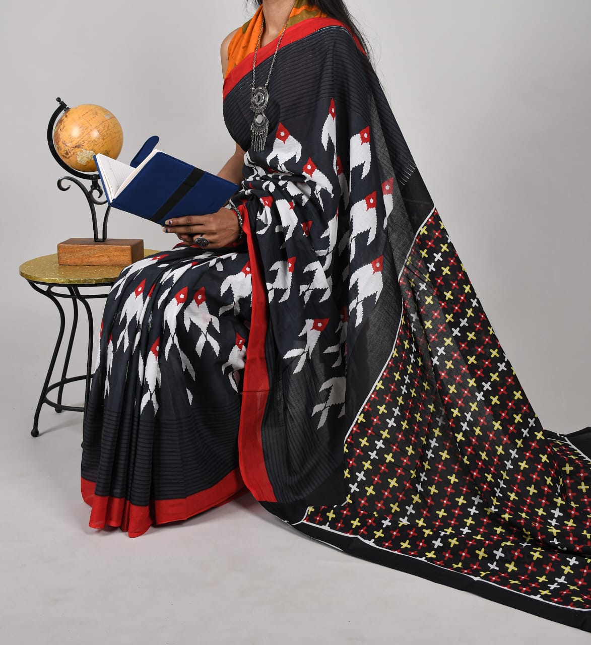 Bagru Natural Hand Block Print Cotton Mulmul Saree With Blouse Style 2