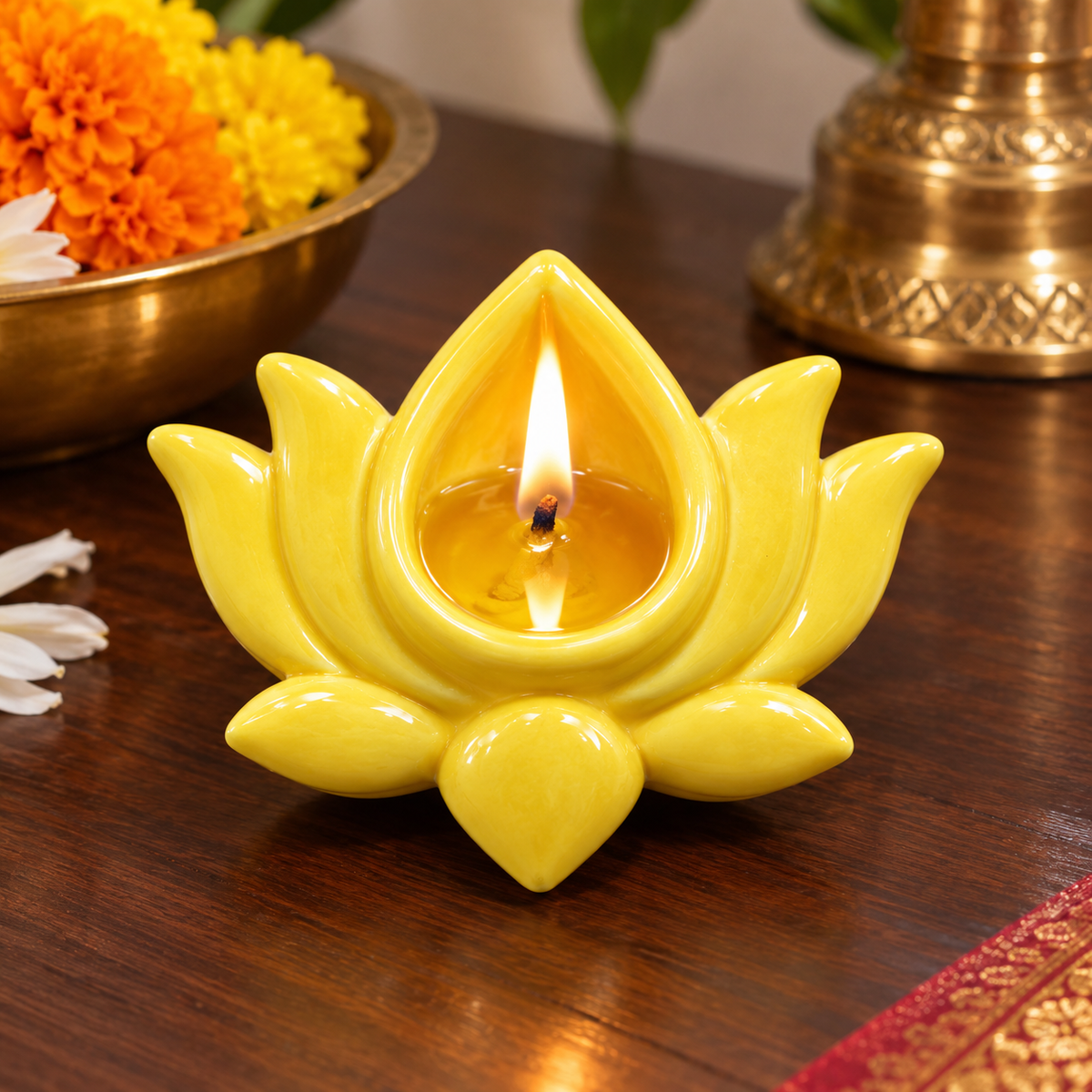 Blue Pottery Lotus Diya Yellow