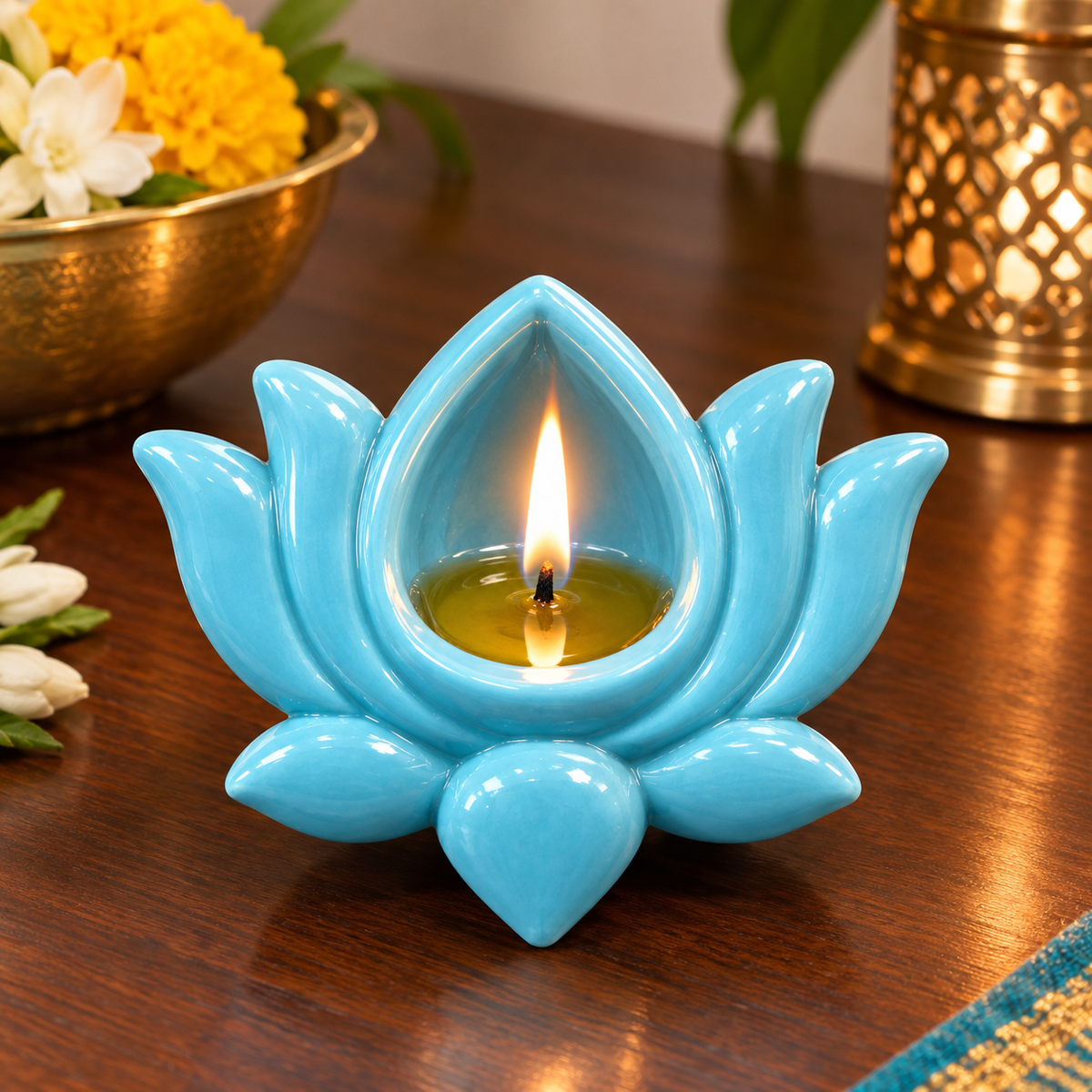 Blue Pottery Lotus Diya Blue