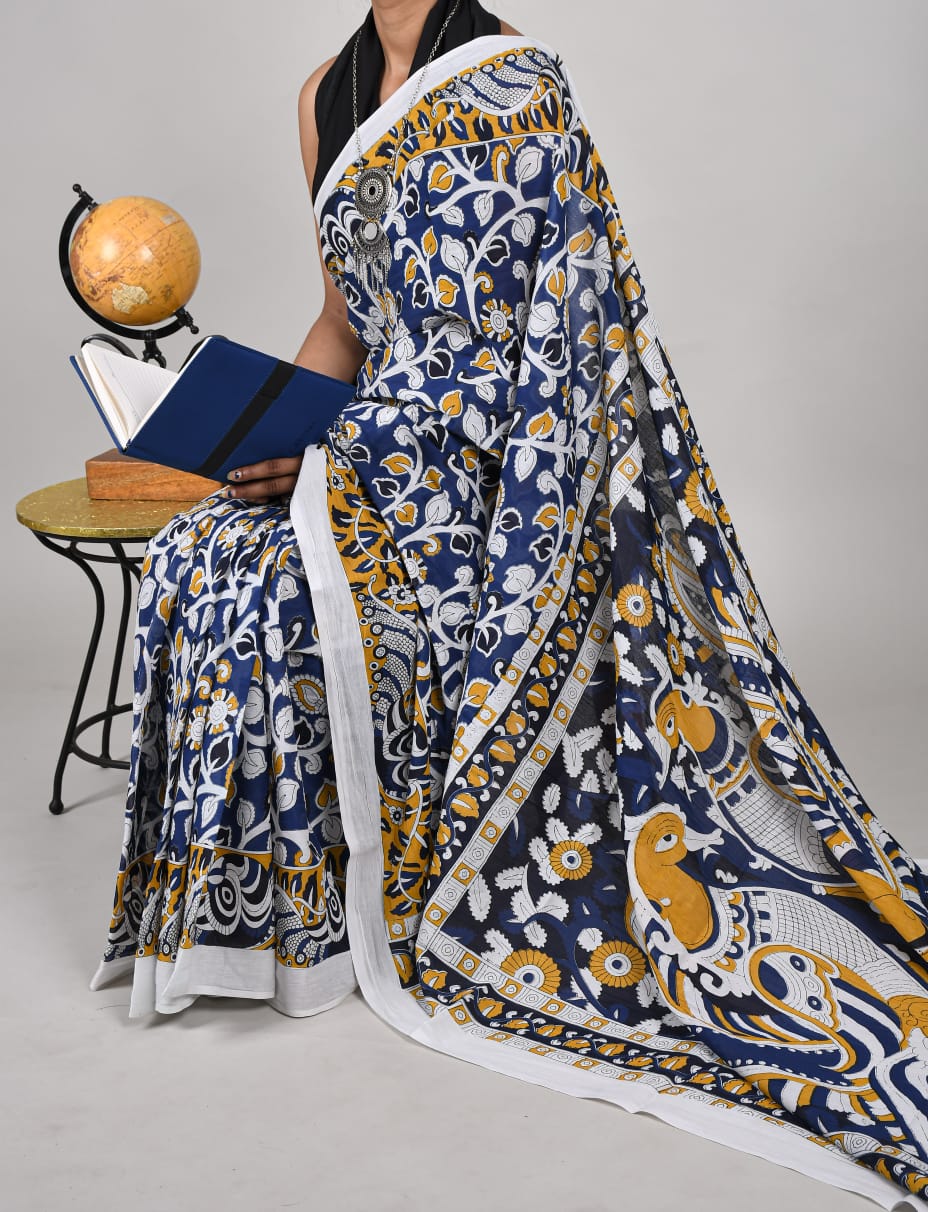 Bagru Natural Hand Block Print Cotton Mulmul Saree With Blouse Style 2