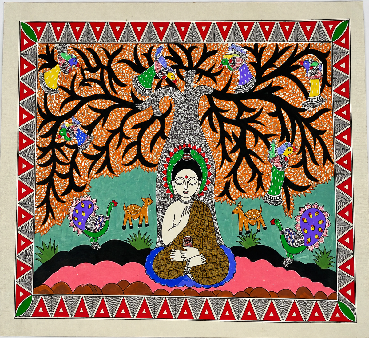 Buddha Under Bhodhi Tree Madhubani Painting