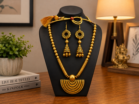 Golden Bankura Panchmura Terracotta Craft Necklace Jewellery Set