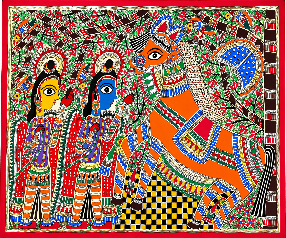 Luv & Kush With Ashwamedha Horse Madhubani Painting