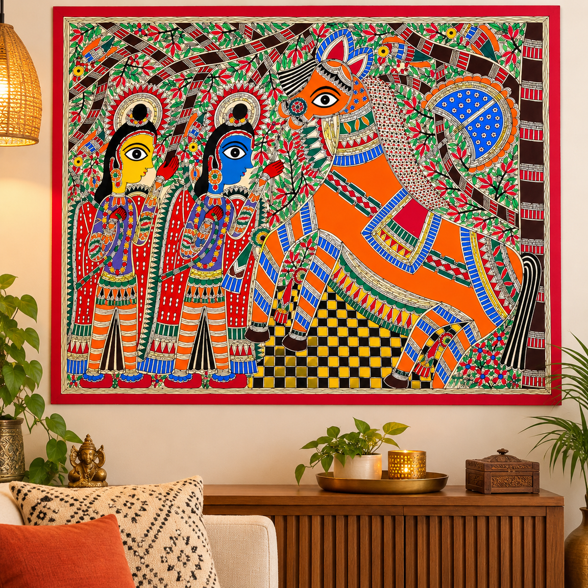Luv & Kush With Ashwamedha Horse Madhubani Painting